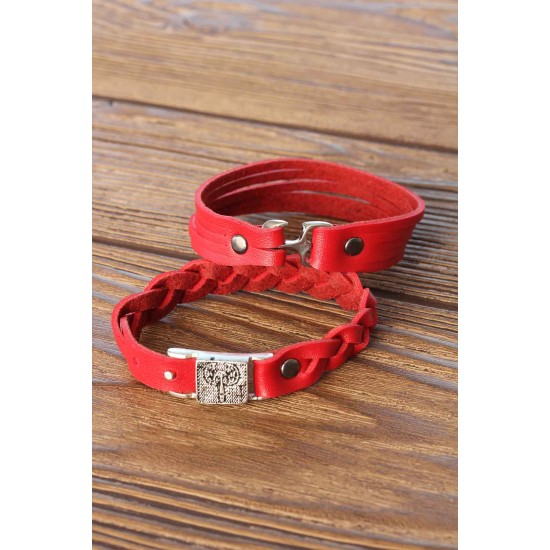 Metal Aksesuarlı Kırmızı Renk Deri Erkek Bileklik Kombin - TJ-EB2803