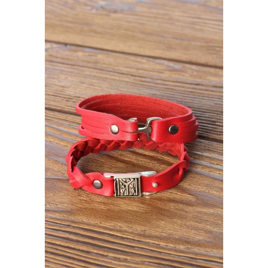 Desenli Metal Aksesuarlı Kırmızı Deri Erkek Bileklik Kombin - TJ-EB2806