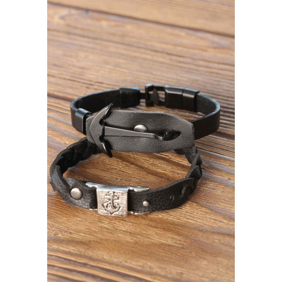 Deniz Çapalı Siyah Renk Deri Erkek Bileklik Kombin - TJ-EB2815