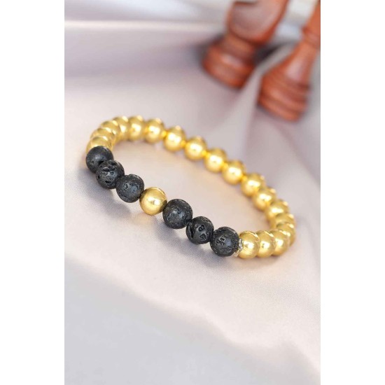 Lav Doğal Taş Detaylı Hematit Gold Renk Erkek Bileklik - TJ-EB3006