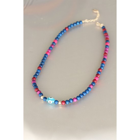 Lacivert Renk Tahta Boncuklu Kadın Kolye - TJ-BKO5147