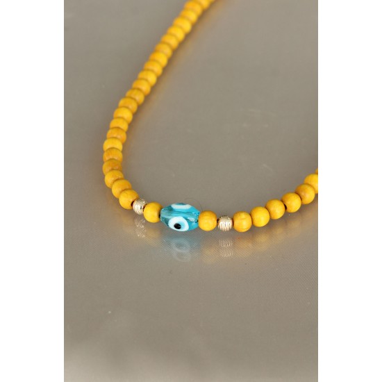 Sarı Renk Tahta Boncuklu Kadın Kolye - TJ-BKO5153