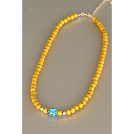 Sarı Renk Tahta Boncuklu Kadın Kolye - TJ-BKO5153