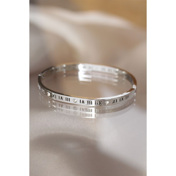 316L Çelik Roma Rakamlı Silver Renk Bilezik Kelepçe - TJ-BB3566