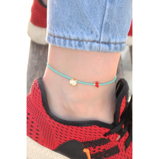 İstiridye Kabuğu Tasarımlı Mavi Boncuk Detaylı Halhal - TJ-HH1227