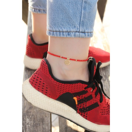 Gold Metal Aksesuarlı Kırmızı Boncuk Detaylı Halhal - TJ-HH1229