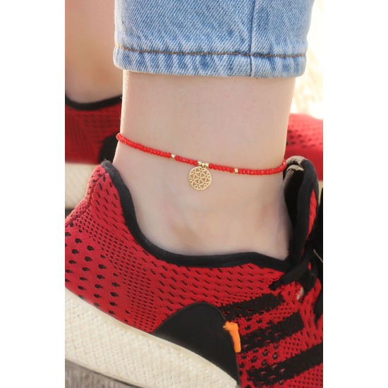 Gold Metal Aksesuarlı Kırmızı Boncuk Detaylı Halhal - TJ-HH1229