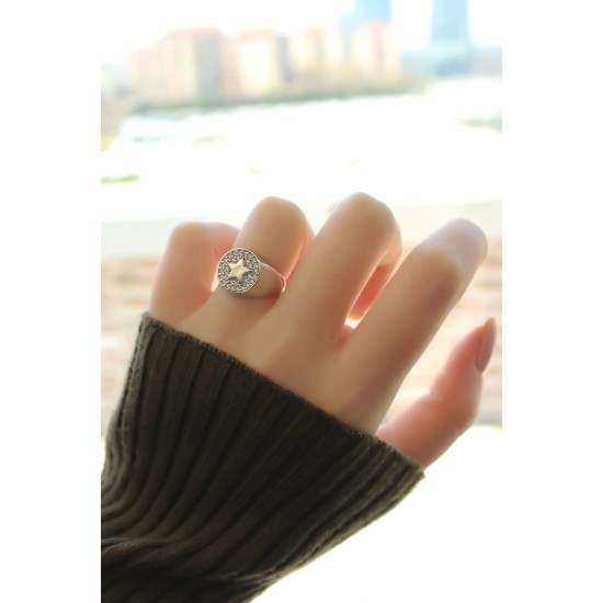 Gümüş Renk Zirkon Taşlı Plaka Yıldız Yüzük - TJ-BYK1745