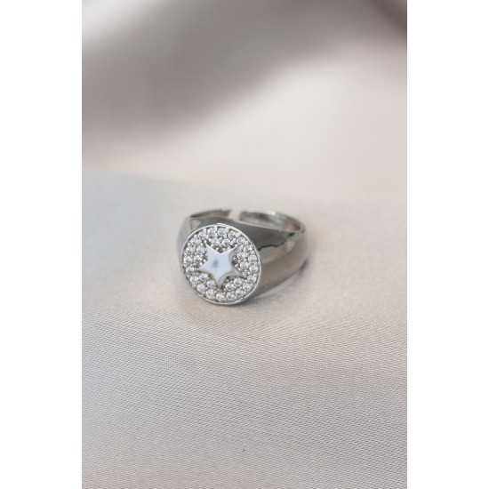 Gümüş Renk Zirkon Taşlı Plaka Yıldız Yüzük - TJ-BYK1745