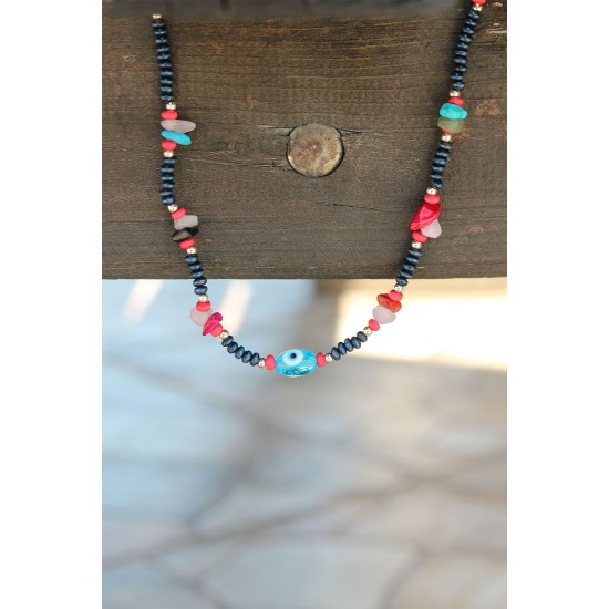 Yeni Sezon Nazar Boncuk Figürlü Renkli Taş ve Boncuklu Kolye - TJ-BKO5349