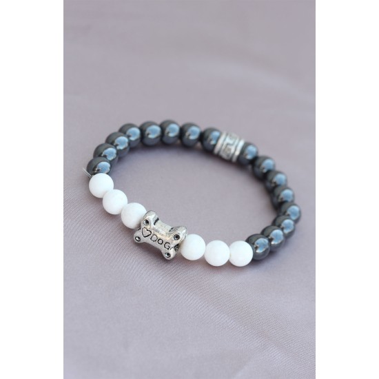 DOG Yazılı Beyaz Füme Doğal Taş Tasarımlı Erkek Bileklik - TJ-EB3159