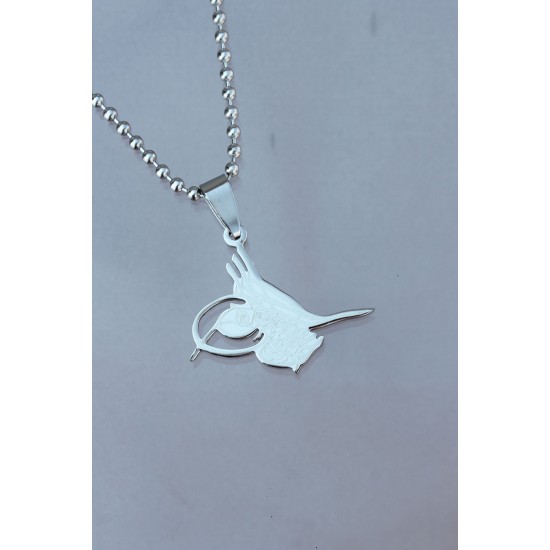 Çelik Uçlu Tuğra Tasarımlı Gümüş Renk Zincir Kolye - TJ-ERK1113