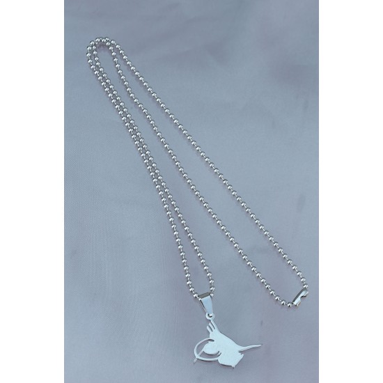 Çelik Uçlu Tuğra Tasarımlı Gümüş Renk Zincir Kolye - TJ-ERK1113