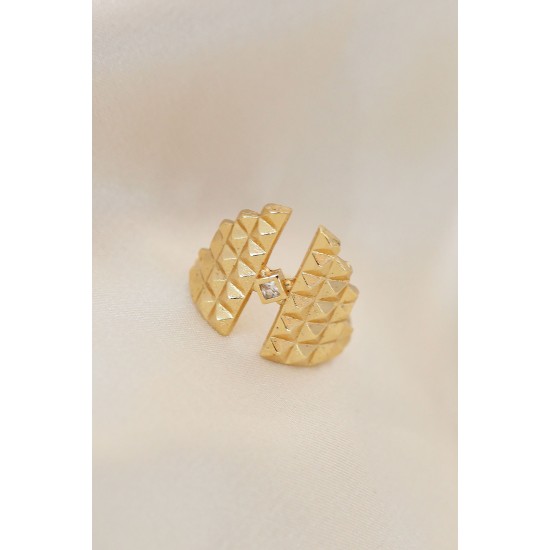 Ayarlamalı Gold Renk Metal Zirkon Taşlı Piramit Yüzük - TJ-BYK2021