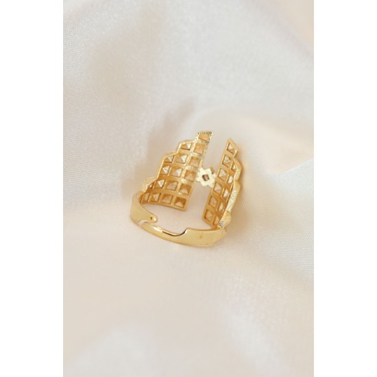 Ayarlamalı Gold Renk Metal Zirkon Taşlı Piramit Yüzük - TJ-BYK2021