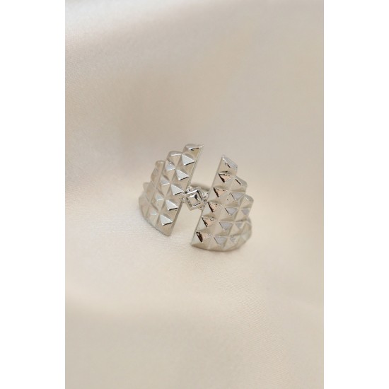 Ayarlamalı Gümüş Renk Metal Zirkon Taşlı Piramit Yüzük - TJ-BYK2022