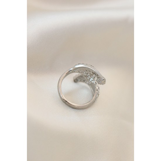 Ayarlamalı Silver Renk Metal Zirkon Taşlı Kanat Yüzük - TJ-BYK2033