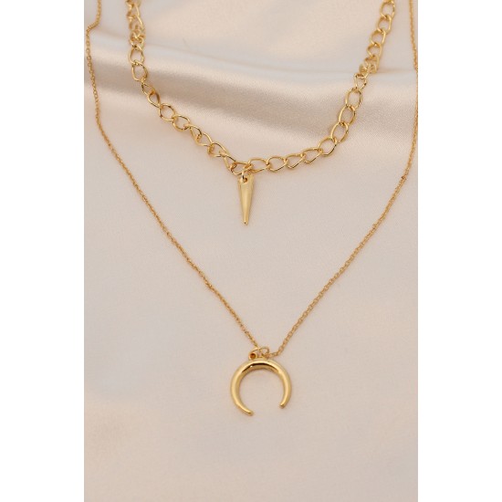 Gold Renk Metal Çift Zincirli Aksesuarlı Kolye - TJ-BKO5978