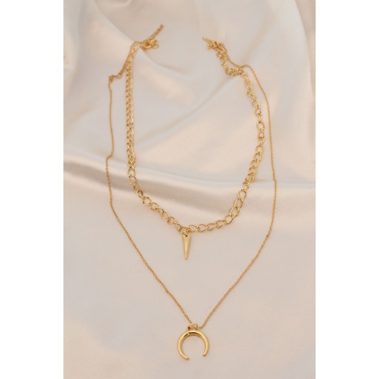 Gold Renk Metal Çift Zincirli Aksesuarlı Kolye - TJ-BKO5978
