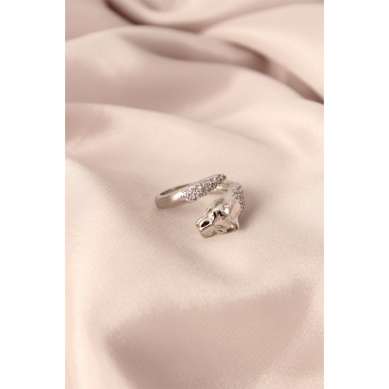 Gümüş Renk Metal Zirkon Taşlı Kaplan Model Ayarlanabilir Kadın Yüzük - TJ-BYK2153