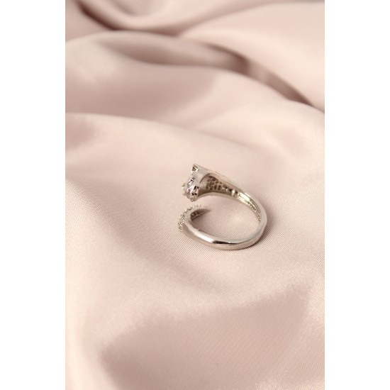 Gümüş Renk Metal Zirkon Taşlı Kaplan Model Ayarlanabilir Kadın Yüzük - TJ-BYK2153