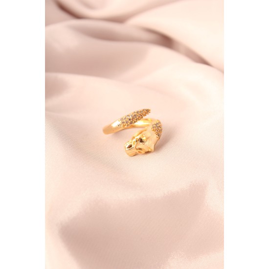 Gold Renk Metal Zirkon Taşlı Kaplan Model Ayarlanabilir Kadın Yüzük - TJ-BYK2154