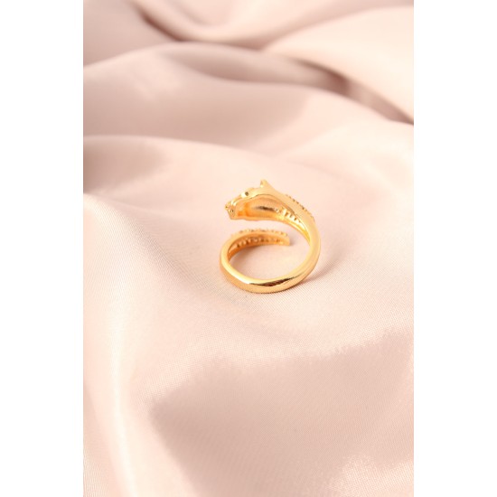 Gold Renk Metal Zirkon Taşlı Kaplan Model Ayarlanabilir Kadın Yüzük - TJ-BYK2154