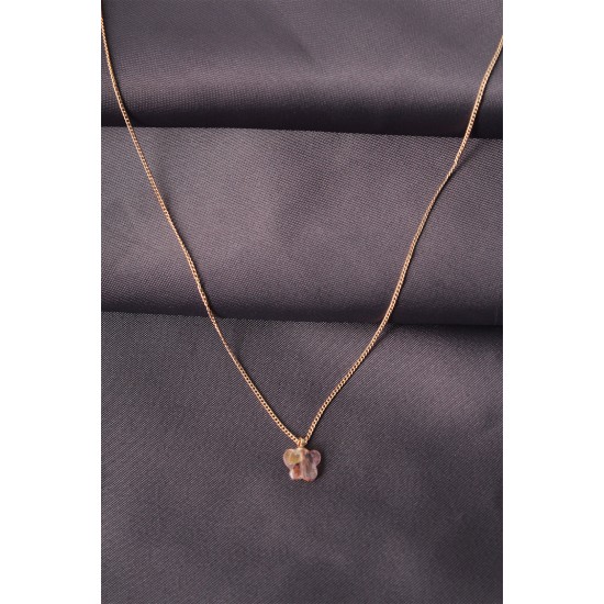 Gold Renk Metal Zirkon Taşlı Pembe Minimal Kelebek Detaylı Kadın Kolye - TJ-BKO6016