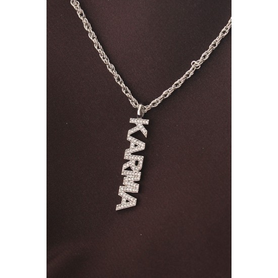 Gümüş Renkli Zirkon Taşlı Karma Yazılı Kolye - TJ-BKO6192