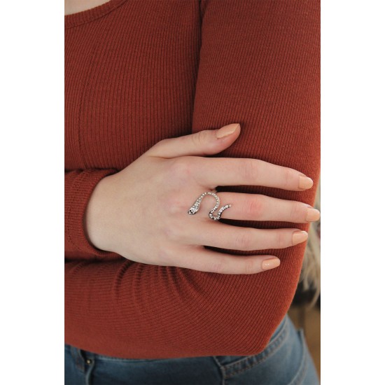 Ayarlanabilir Gümüş Renk Zirkon Taşlı Yılan Yüzük - TJ-BYK2239