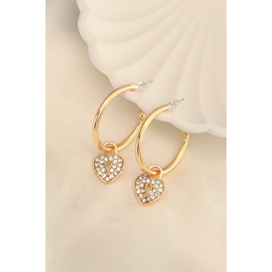 Gold Renk Zirkon Taşlı Kalp Figürlü Halka Küpe - TJ-BKP6363