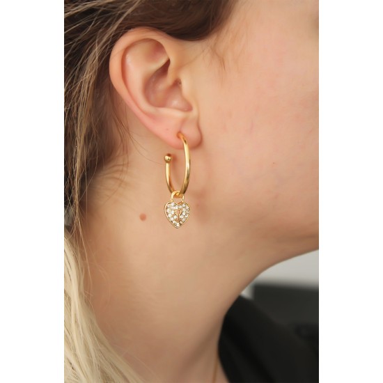 Gold Renk Zirkon Taşlı Kalp Figürlü Halka Küpe - TJ-BKP6363