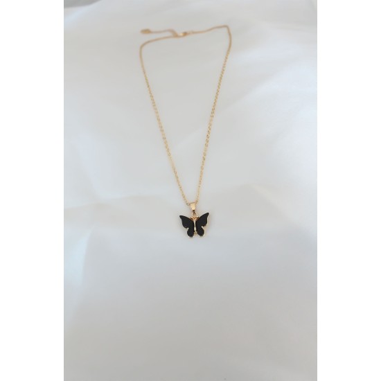 Gold Kaplama Siyah Renkli Sedefli Kelebek Kolye - TJ-BKO6435