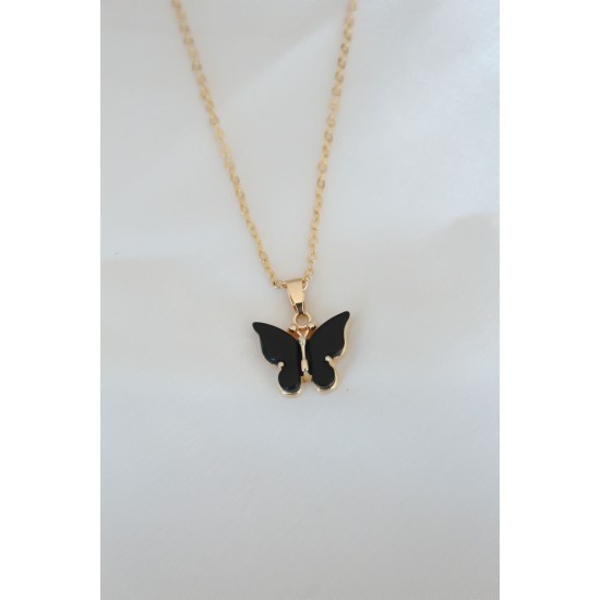 Gold Kaplama Siyah Renkli Sedefli Kelebek Kolye - TJ-BKO6435