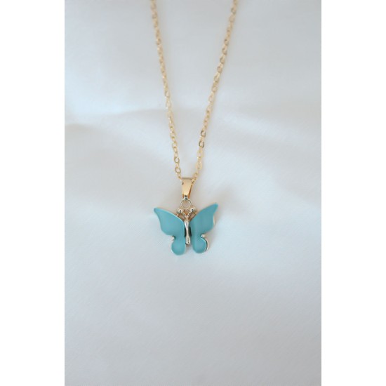 Gold Kaplama Turkuaz Renk Sedefli Kelebek Kolye - TJ-BKO6437