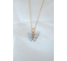 Gold Renk Kaplama Buz Mavisi Renk Sedefli Kelebek Kolye - TJ-BKO6438