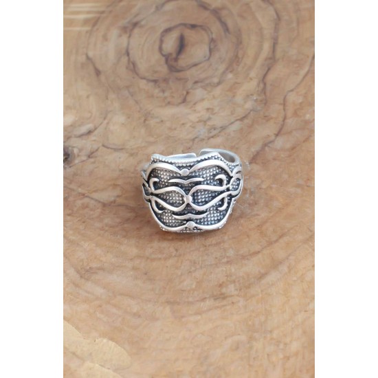 Motifli Gümüş Renk Ayarlanabilir Erkek Yüzük - TJ-EY540