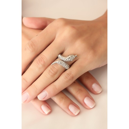 Gümüş Renk Zirkon Taşlı Ayarlanabilir Kadın Yılan Yüzük - TJ-BYK2401