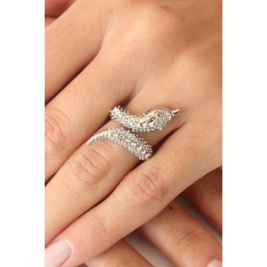 Gümüş Renk Zirkon Taşlı Ayarlanabilir Kadın Yılan Yüzük - TJ-BYK2401