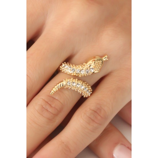 Gold Renk Ayarlanabilir Zirkon Taşlı Kadın Yılan Yüzük - TJ-BYK2402