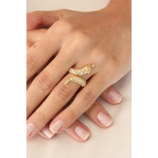 Gold Renk Ayarlanabilir Zirkon Taşlı Kadın Yılan Yüzük - TJ-BYK2402