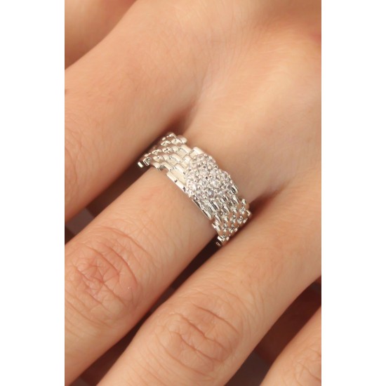 Gümüş Renk Zirkon Taşlı Kalpli Ayarlanabilir Kadın Yüzük - TJ-BYK2412