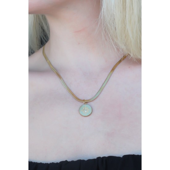 316L Kararmaz Çelik Gold Renk İtalyan Zincirli Kutup Yıldızı Plaka Kadın Kolye - TJ-BKO6736