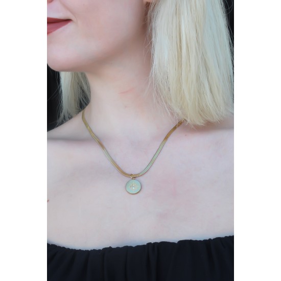 316L Kararmaz Çelik Gold Renk İtalyan Zincirli Kutup Yıldızı Plaka Kadın Kolye - TJ-BKO6736