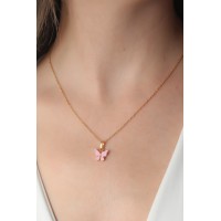 Gold Pembe Renk Kelebek Figür Kadın Kolye TJ-BKO6817