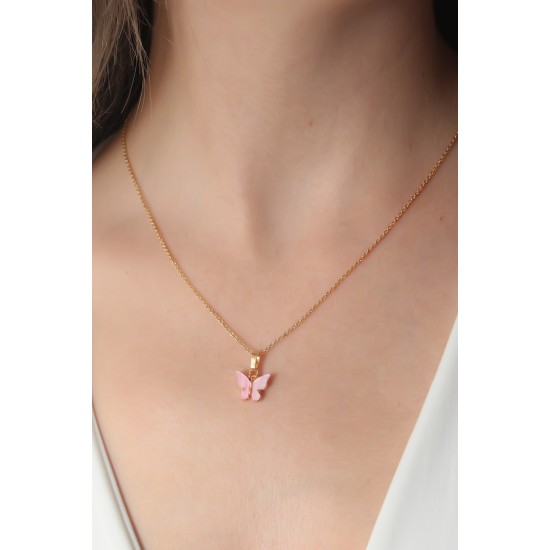 Gold Pembe Renk Kelebek Figür Kadın Kolye - TJ-BKO6817