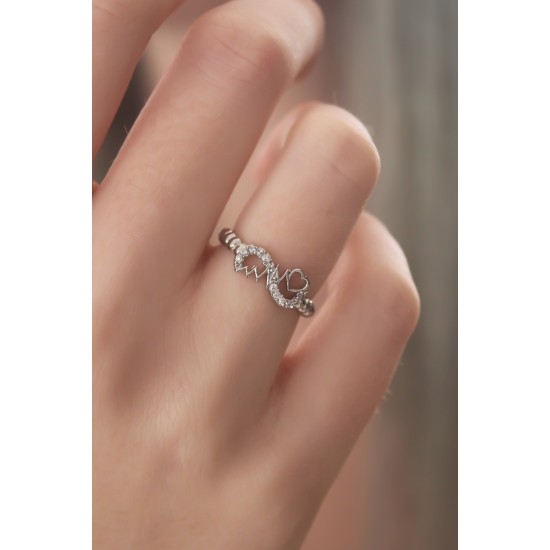 Gümüş Renk Sonsuzluk Kalp Ritmi Model Zirkon Taşlı Kadın Yüzük - TJ-BYK2420