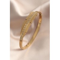 Gold Renk Yaprak Model Zirkon Taş Detay Kelepçe Kadın Bileklik TJ-BB4681