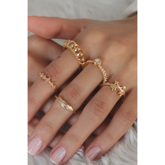 Gold Renk Sarmal Zirkon Taş Detay Kadın Yüzük Kombini - TJ-BYK2452