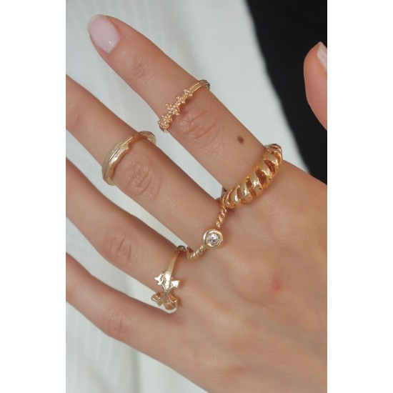 Gold Renk Sarmal Zirkon Taş Detay Kadın Yüzük Kombini - TJ-BYK2452